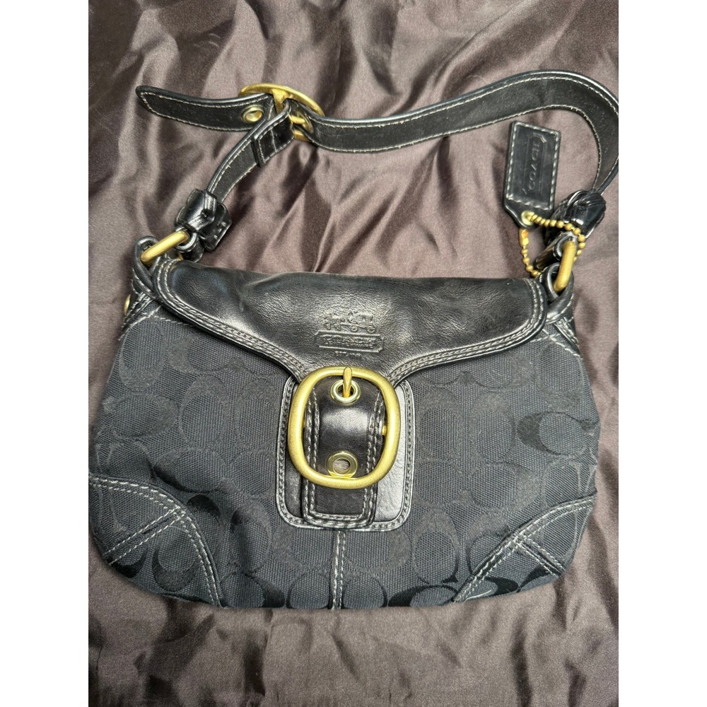 Y2K Coach Black Signature Canvas & Leather Flap Shoulder Bag Small Authentic